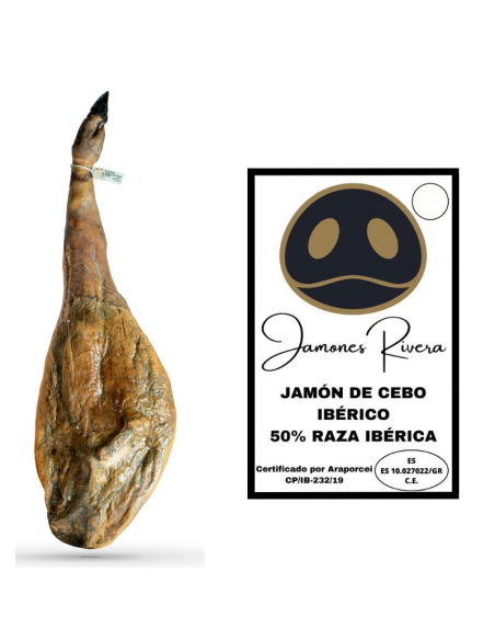 Jamón de Cebo Ibérico 50% raza ibérica Rivera + REGALO ACEITE DE OLIVA VIRGEN EXTRA 250ML